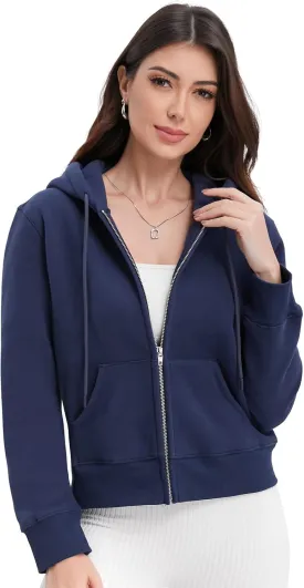 Womens Zip Up Cropped Hoodie Trendy Fall Sweatshirts Winter Fleece Cotton Comfy Long Sleeve