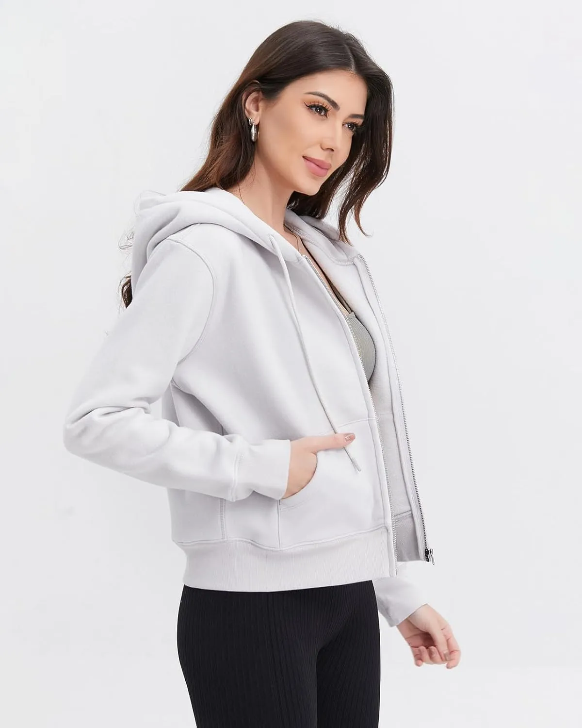 Womens Zip Up Cropped Hoodie Trendy Fall Sweatshirts Winter Fleece Cotton Comfy Long Sleeve