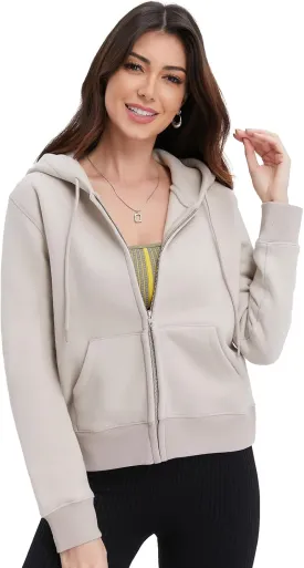 Womens Zip Up Cropped Hoodie Trendy Fall Sweatshirts Winter Fleece Cotton Comfy Long Sleeve