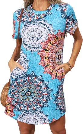 YEXIPO Women's Casual Summer Short Sleeve T Shirt Dress Nightgown Crew Neck Loose Solid Color Basic Dresses with Pockets